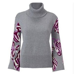 CABI Eden Turtleneck Sweater Floral Bell Sleeve Silver Grey/Orchid M